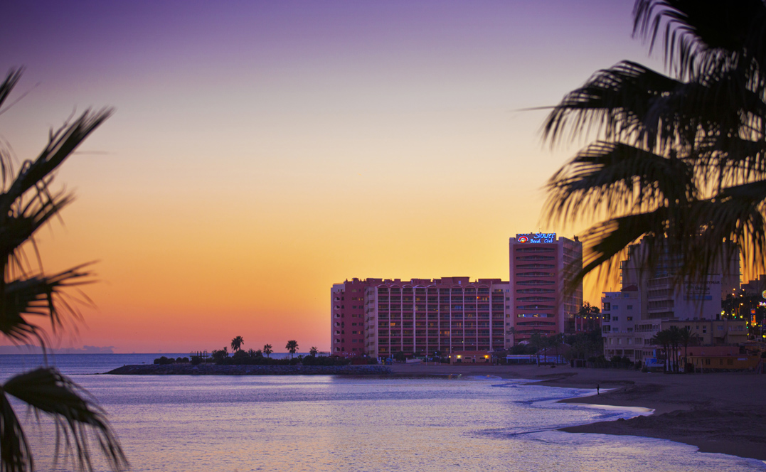 Sunset with palms across the water, Sunset Beach Club Benalmadina, Mark Wardell, Best hotel in Benalmadina
