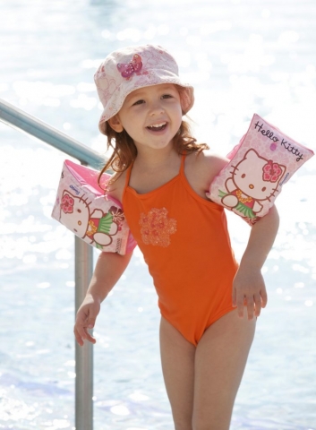 Holiday Fun, Petchey Leisure Portugal, Hello Kitty Arm bands, Safety at the pool, Summer hat