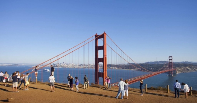 San Francisco, California, CA, Blue Sky over the Golden Gate, Golden Gate Bridge, USA, San Francisco Bay, Tourists at the Golden Gate Bridge, Travel San Francisco