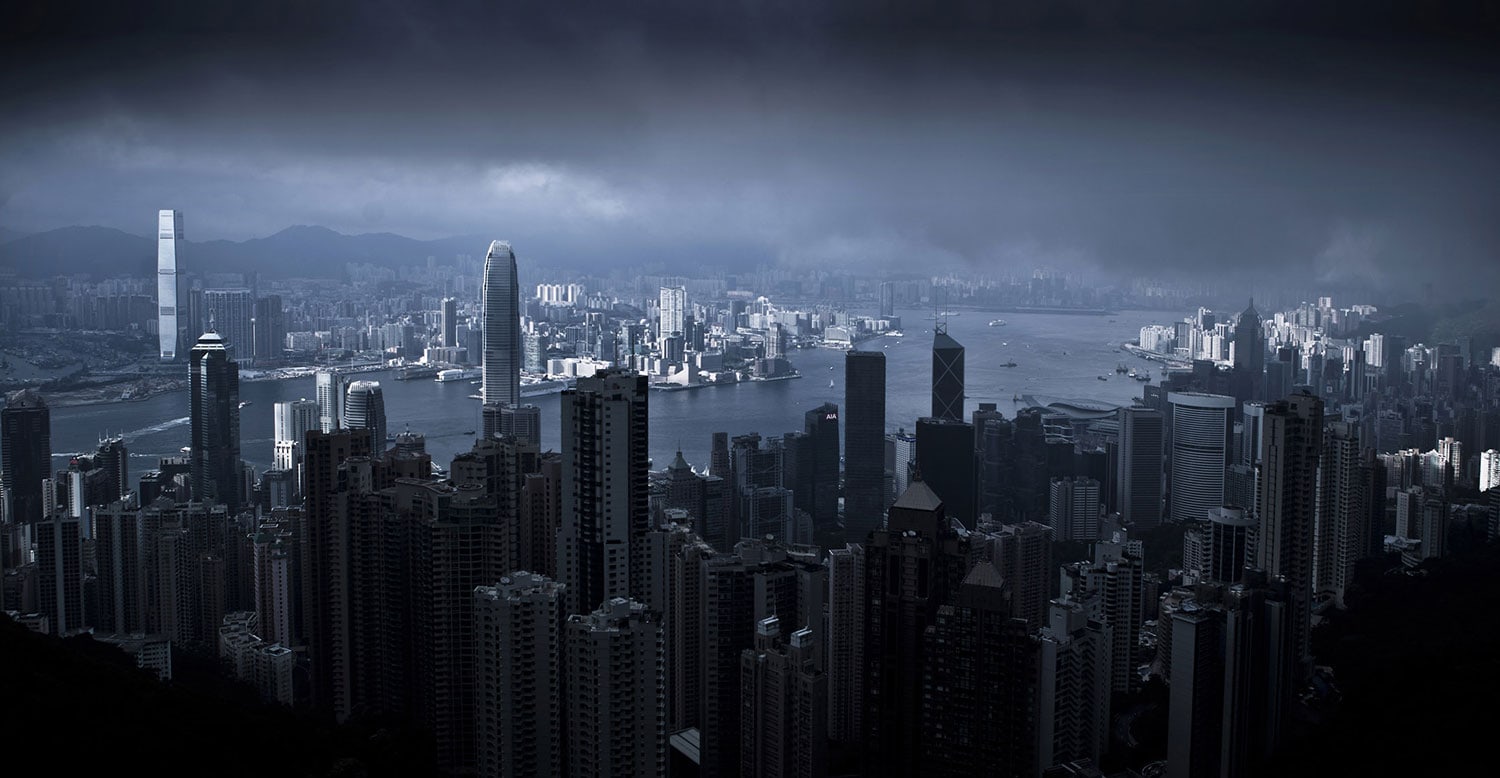 Hong Kong Island, Victoria Peak, HONG KONG, the Peak Hong Kong, Clouds over Hong Kong, Sunlight on Kowloon, Skyscrapers under cloud, Hong Kong in Cloud, threatening skys