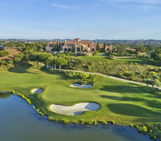 Drone Photograph, Monte Rei Golf Clubhouse, Aerial images of Golf, 18th Green